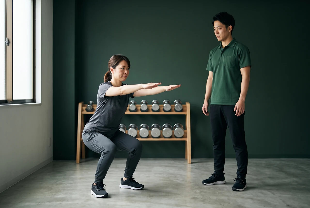 パーソナルトレーナーがスクワットを指導するAI生成イメージ。